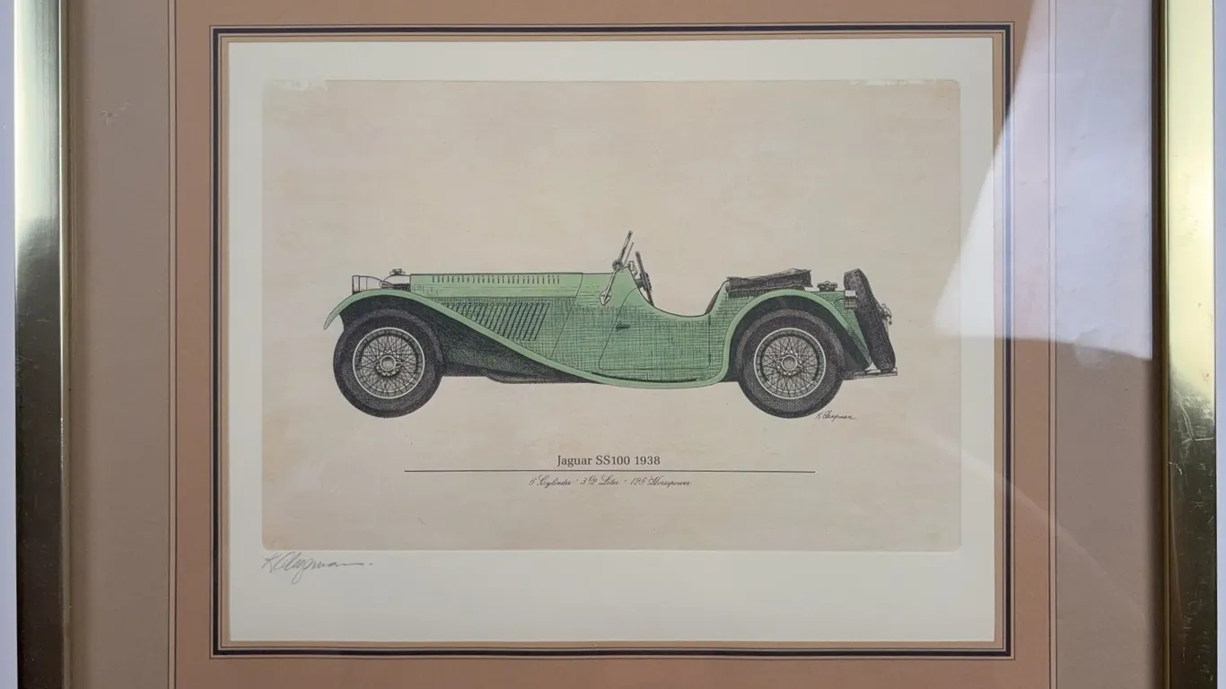 Kenneth W. Chapman "Jaguar SS100 1938" Signed Automotive Print, Framed