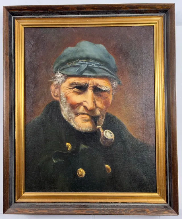 Vintage Portrait Oil Painting of Elderly Sailor with Pipe