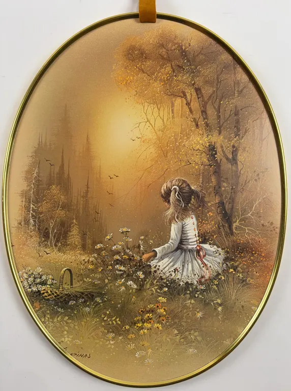 D. Haas "Girl Picking Daisies" Oval Framed Landscape Painting