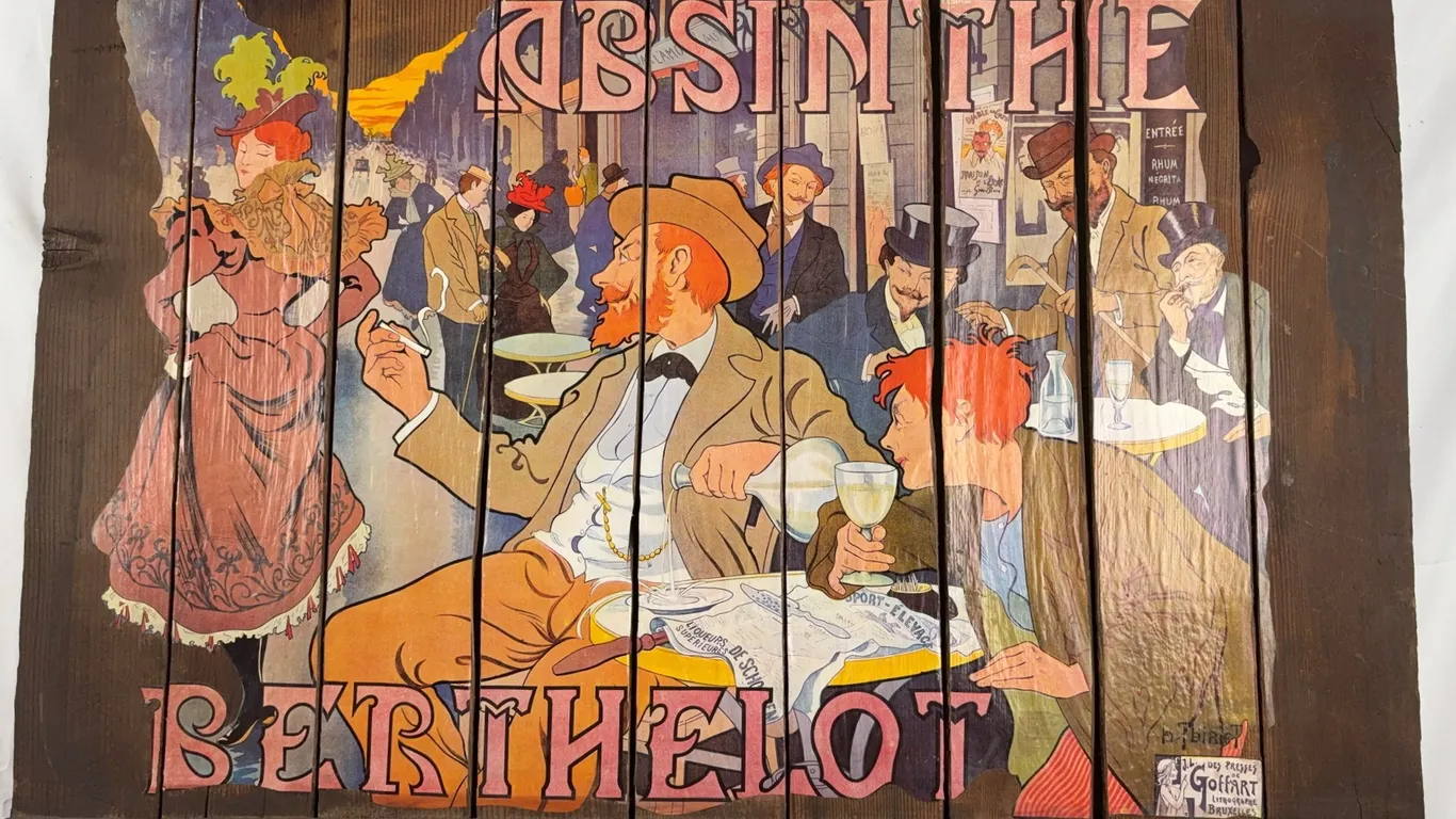 Vintage "Absinthe Berthelot" Toulouse-Lautrec Style Advertising Art on Wood Panel