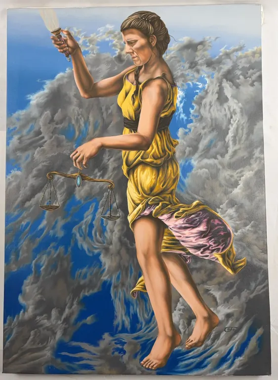 Surrealist Painting of Lady Justice Among Storm Clouds