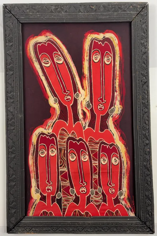 Framed Mid-Century Style Abstract Portrait Painting of Five Figures