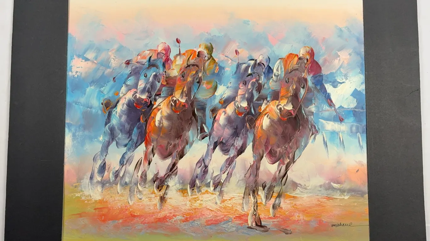 Signed Horse Racing Scene Art Print