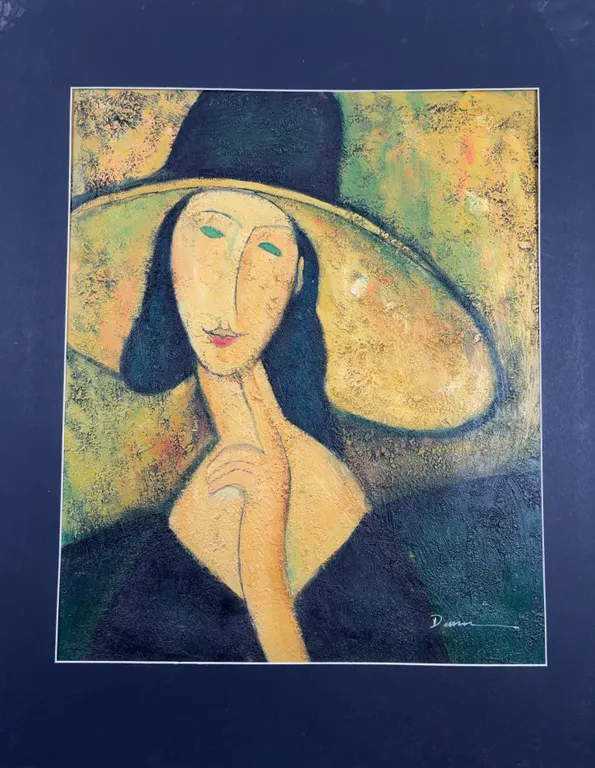 Signed Modernist Portrait of Woman in Wide-Brim Hat Art Print