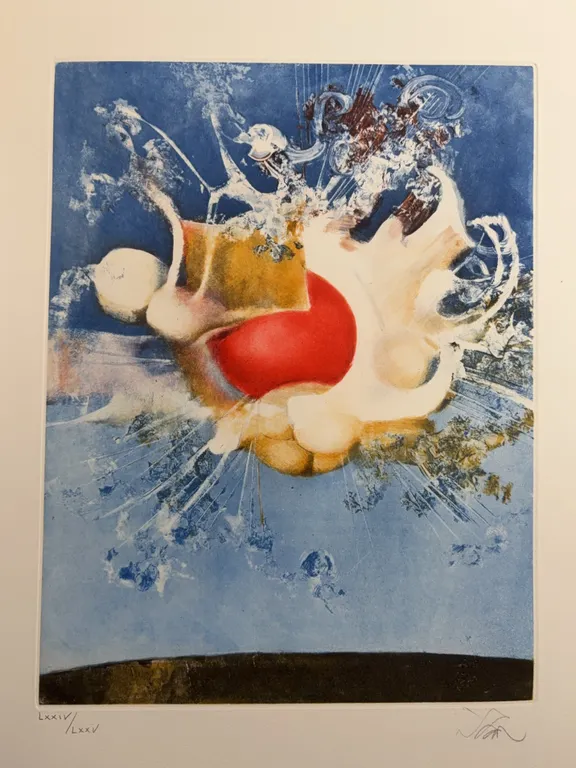 Limited Edition Abstract Surrealist Composition with Red Sphere, Edition LXXIV/LXXV, Signed