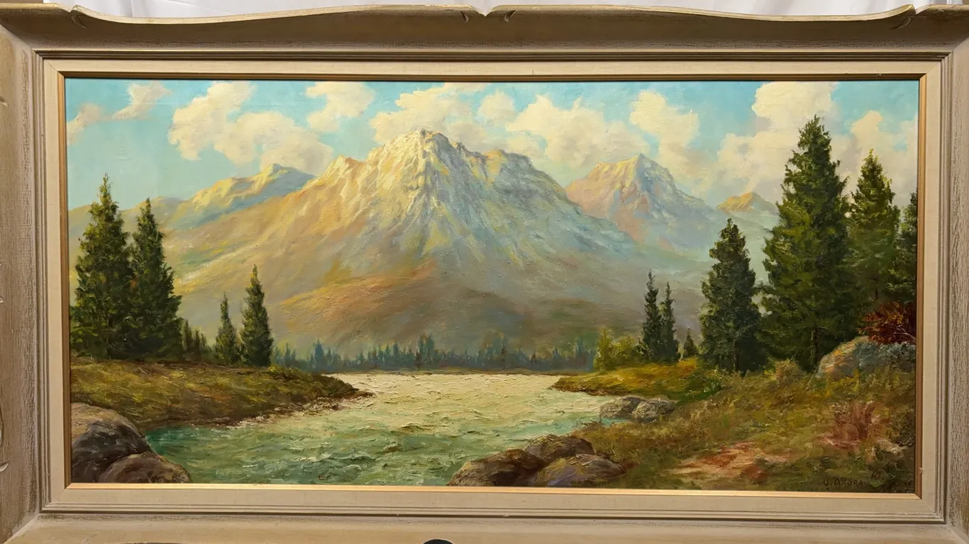 J. Arora (1965) Original Mountain River Landscape Oil Painting