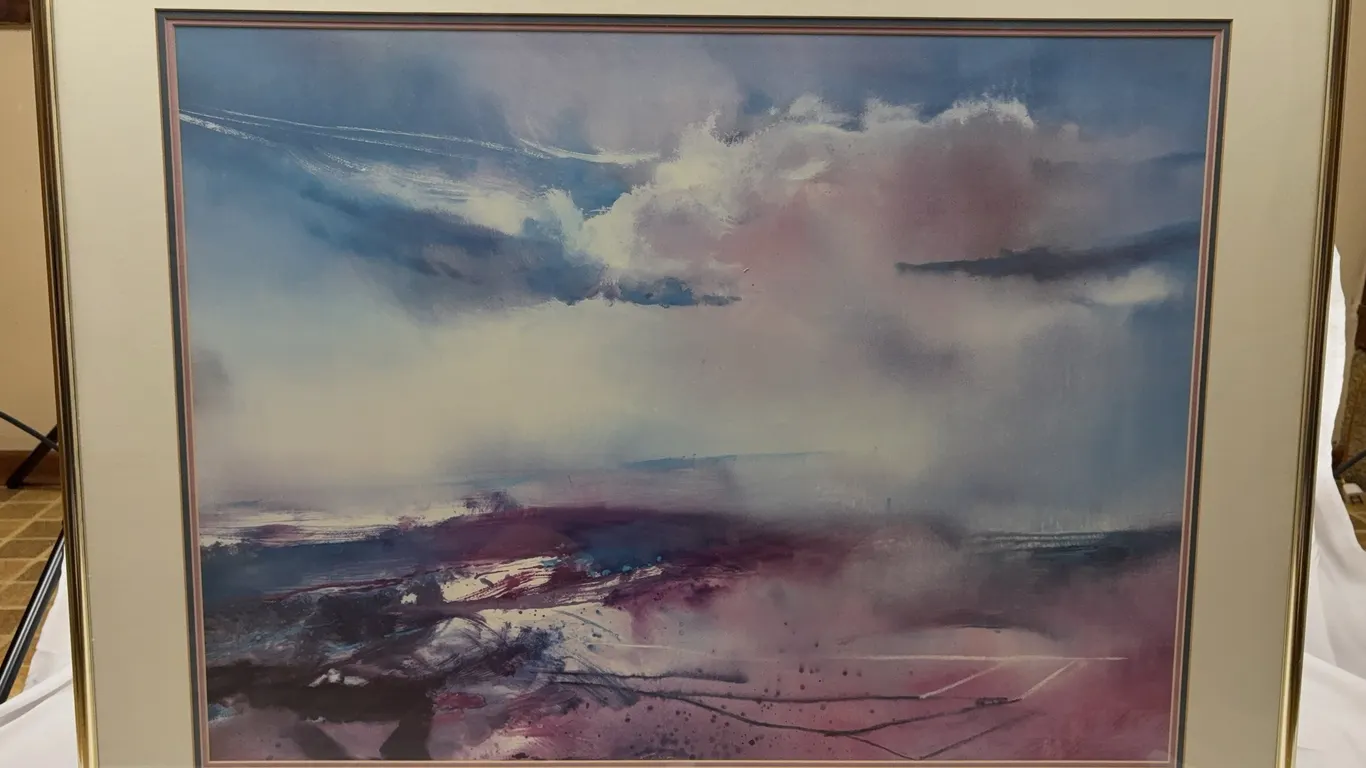 Abstract Landscape Print with Dramatic Cloudscape in Purple and Blue Tones