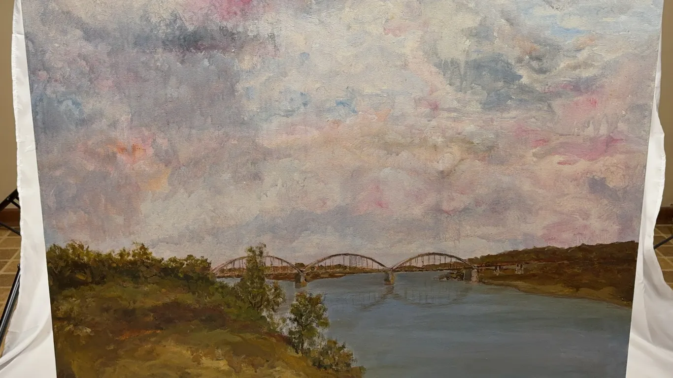J. Arora River Bridge Landscape Oil Painting on Canvas