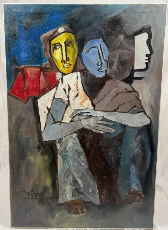 Sharma Signed Cubist Figural Oil Painting
