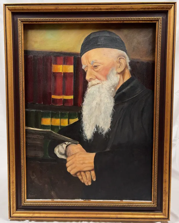 J. Arora Original Portrait Painting of Elder Scholar Reading in Library Interior