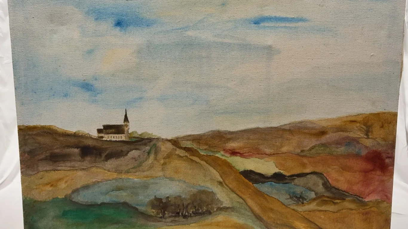 Landscape Painting with Country Church and Prairie Road