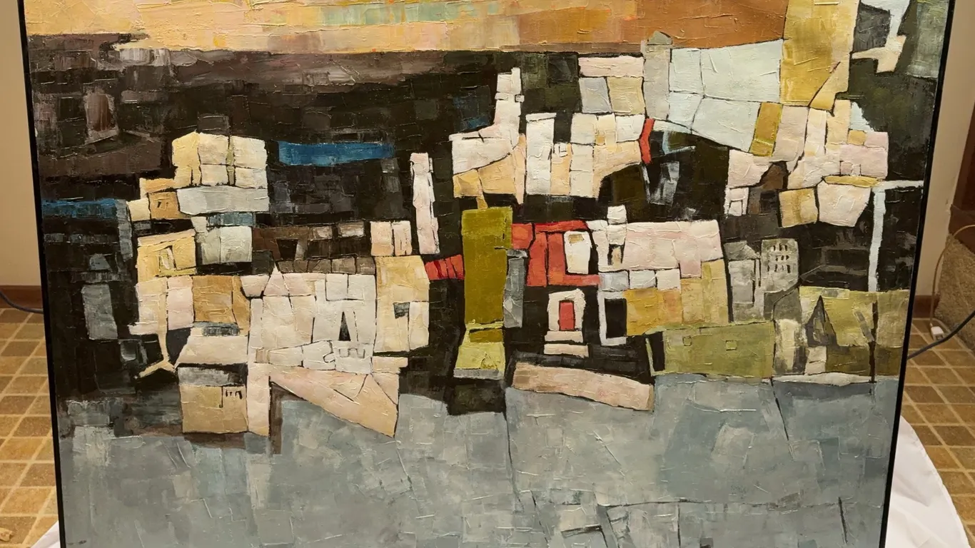 Sharma Signed Abstract Cubist Cityscape Oil Painting, Signed & Dated 1974