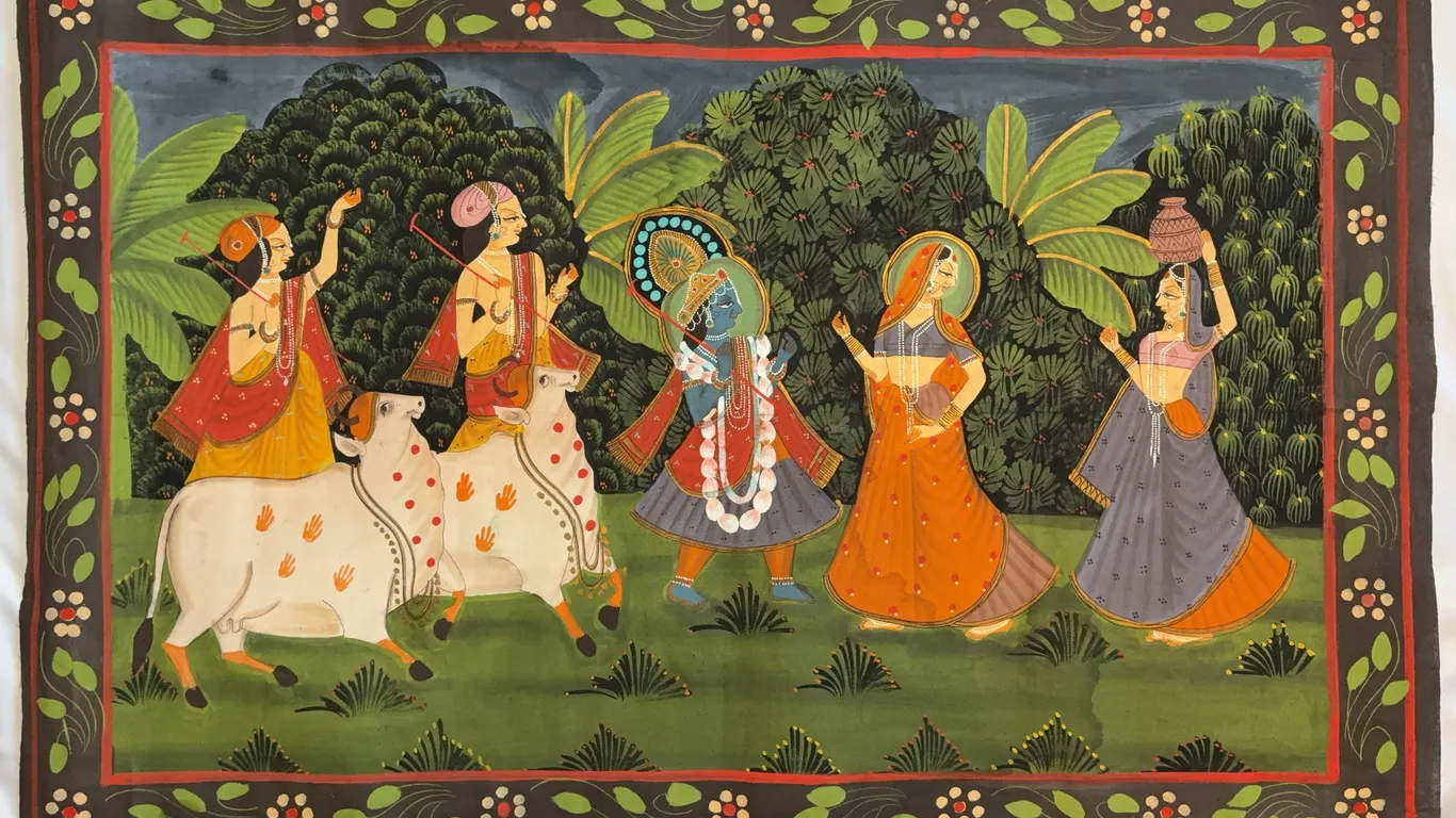 Indian Miniature Style Krishna and Gopis Folk Art Painting on Cloth