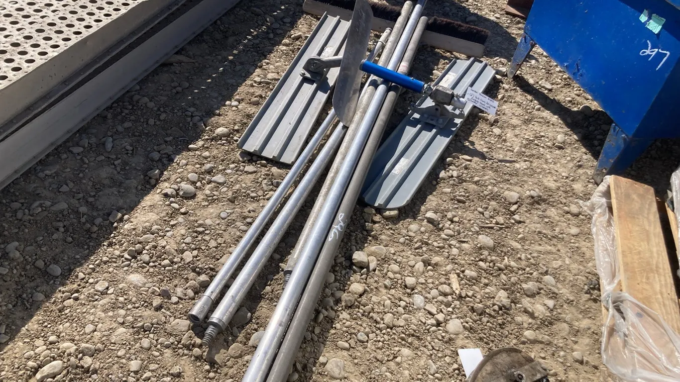 (2) Bull Floats for Concrete, Finishing Trowels, with (5) Handles, Broom.