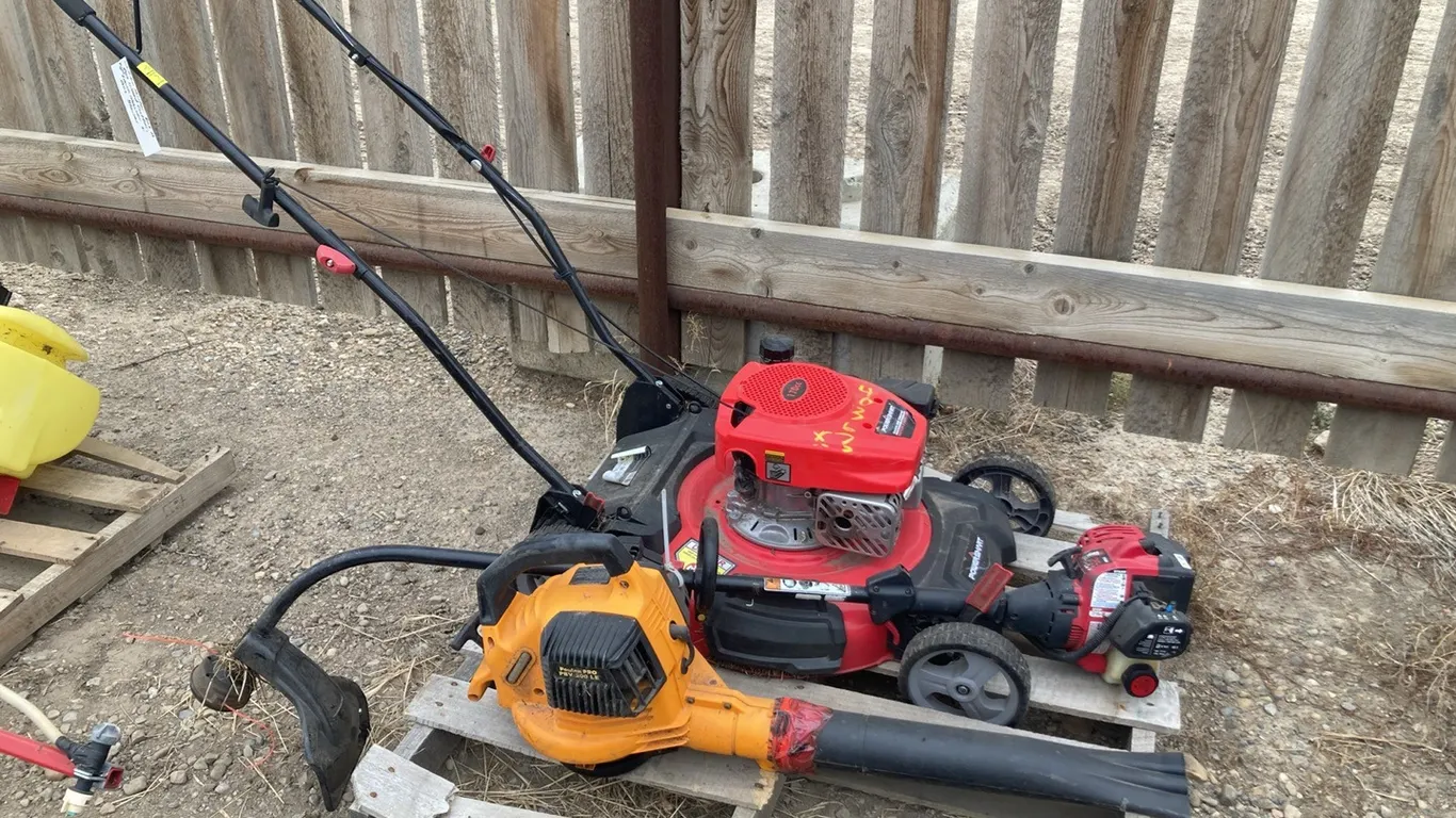 Yard Machines Y2500 25ccGas Weed Cutter, Power smart 170 cc Lawn Mower and Poulin Pro PBV 200 LEbGas Blower