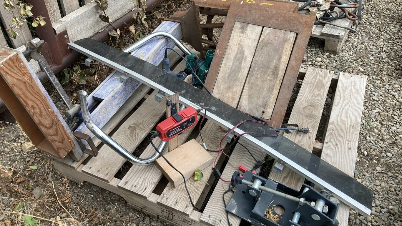 Misc Pallet with Beam Scale Palm Sanders wnd Battery Charger Etc