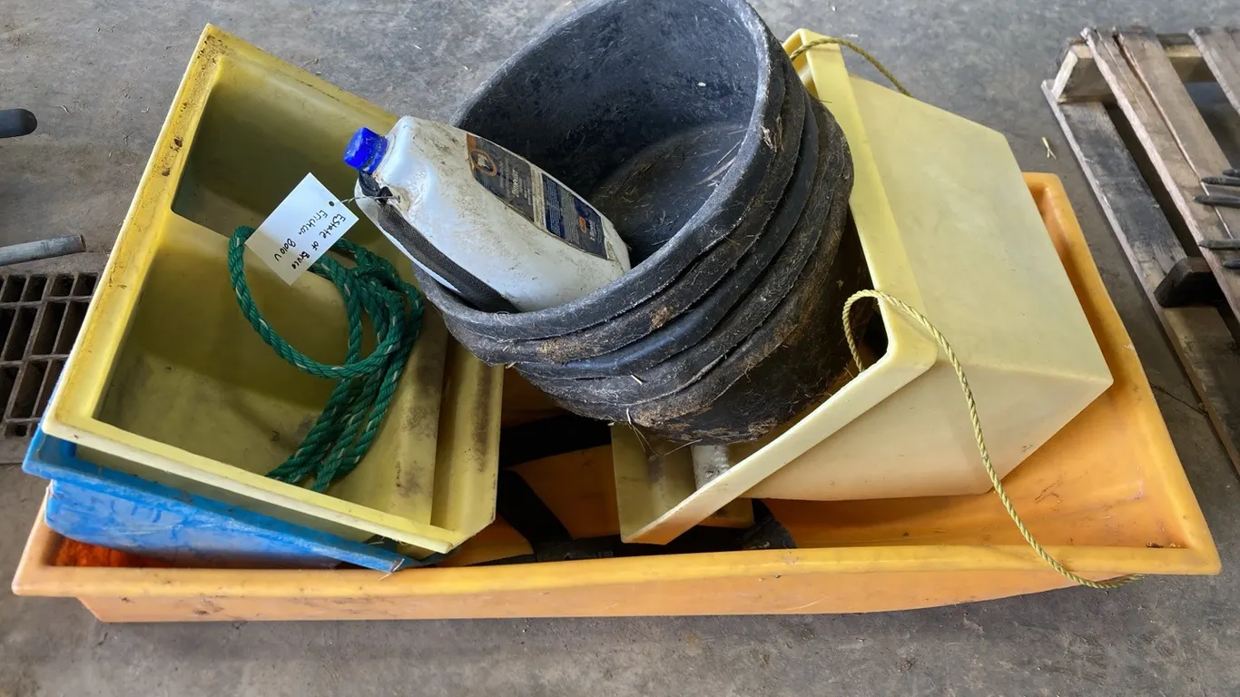 Calf Sled with Feed Tubs, Rope and Partial Jug of Binectin