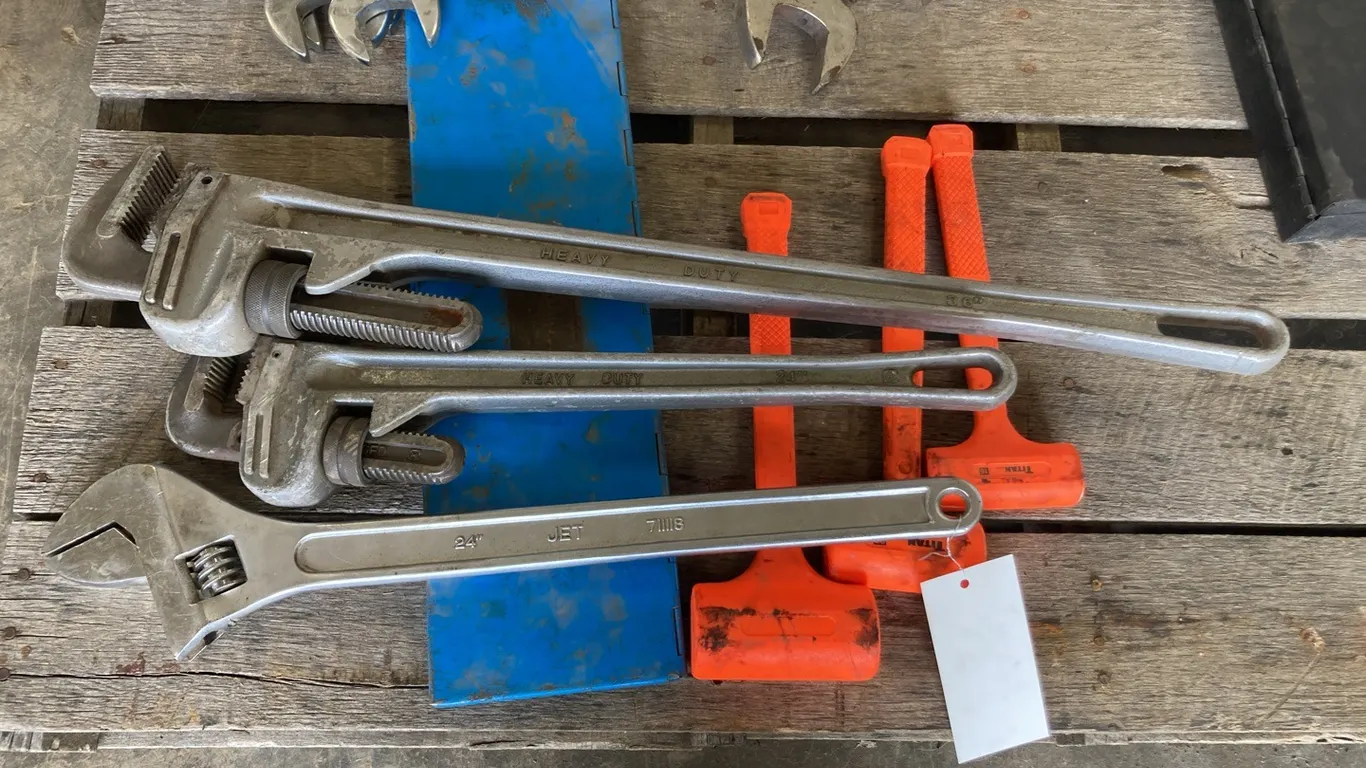 (2) Pipe Wrenches, (3) Plastic Mallets, Tap and Die Set