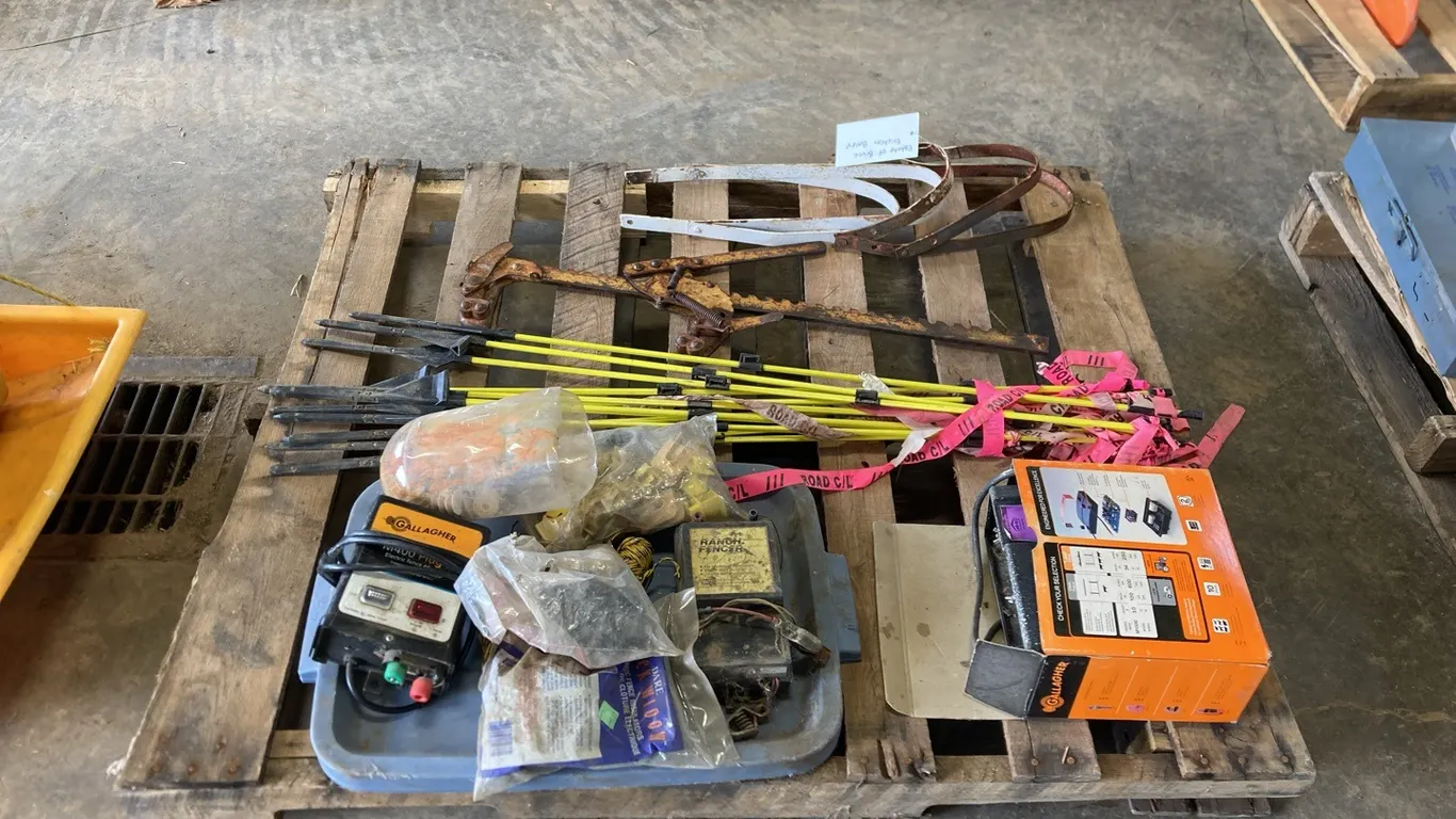 Pallet of Various Electric Fencers, Wire, Posts, Barbed Wire, Stretchers