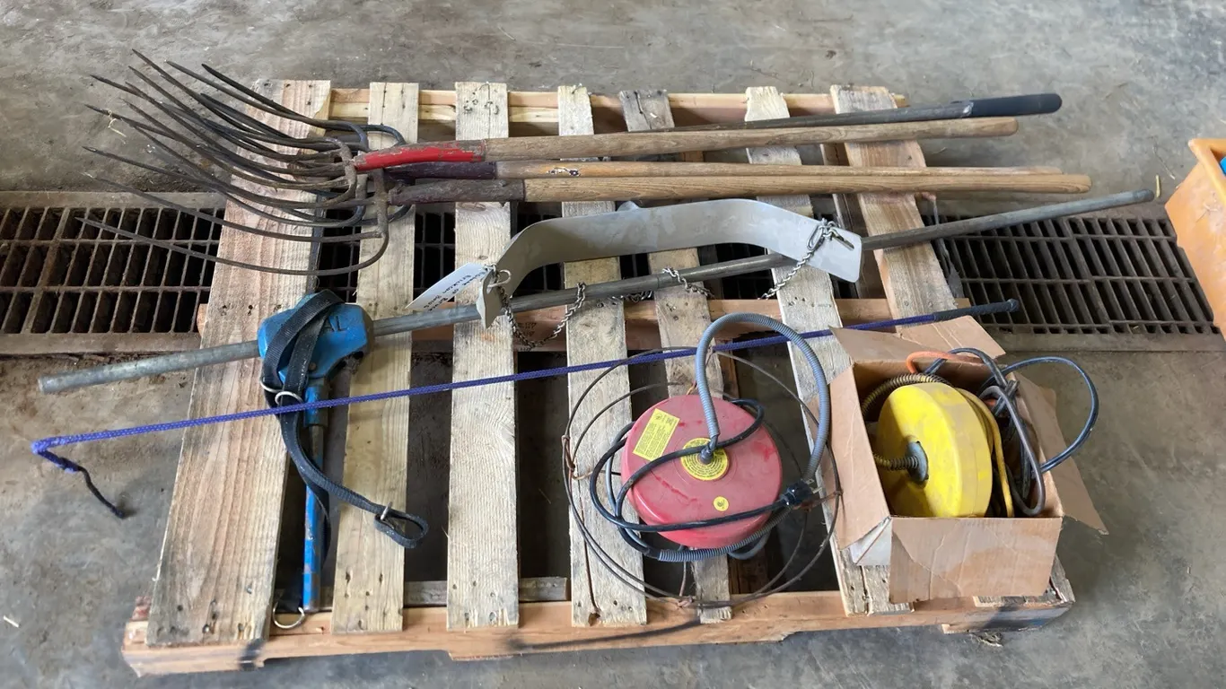 Pallet of Livestock Supplies, PItch Forks, Calf Puller, Water Heaters