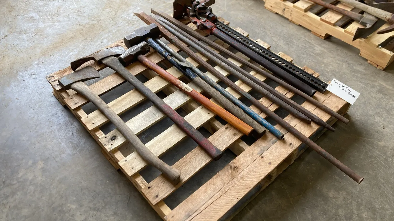Pallet with Sledge Hammers, Axes, Pry Bars, Jackall