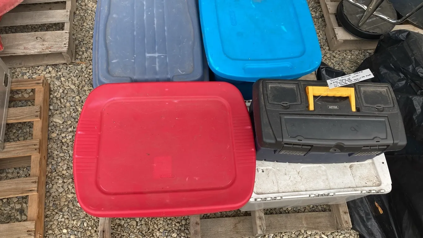 (4) Totes of Miscellaneous Hand Tools, Small Tool Box with Tools, (2) Sledge Hammers