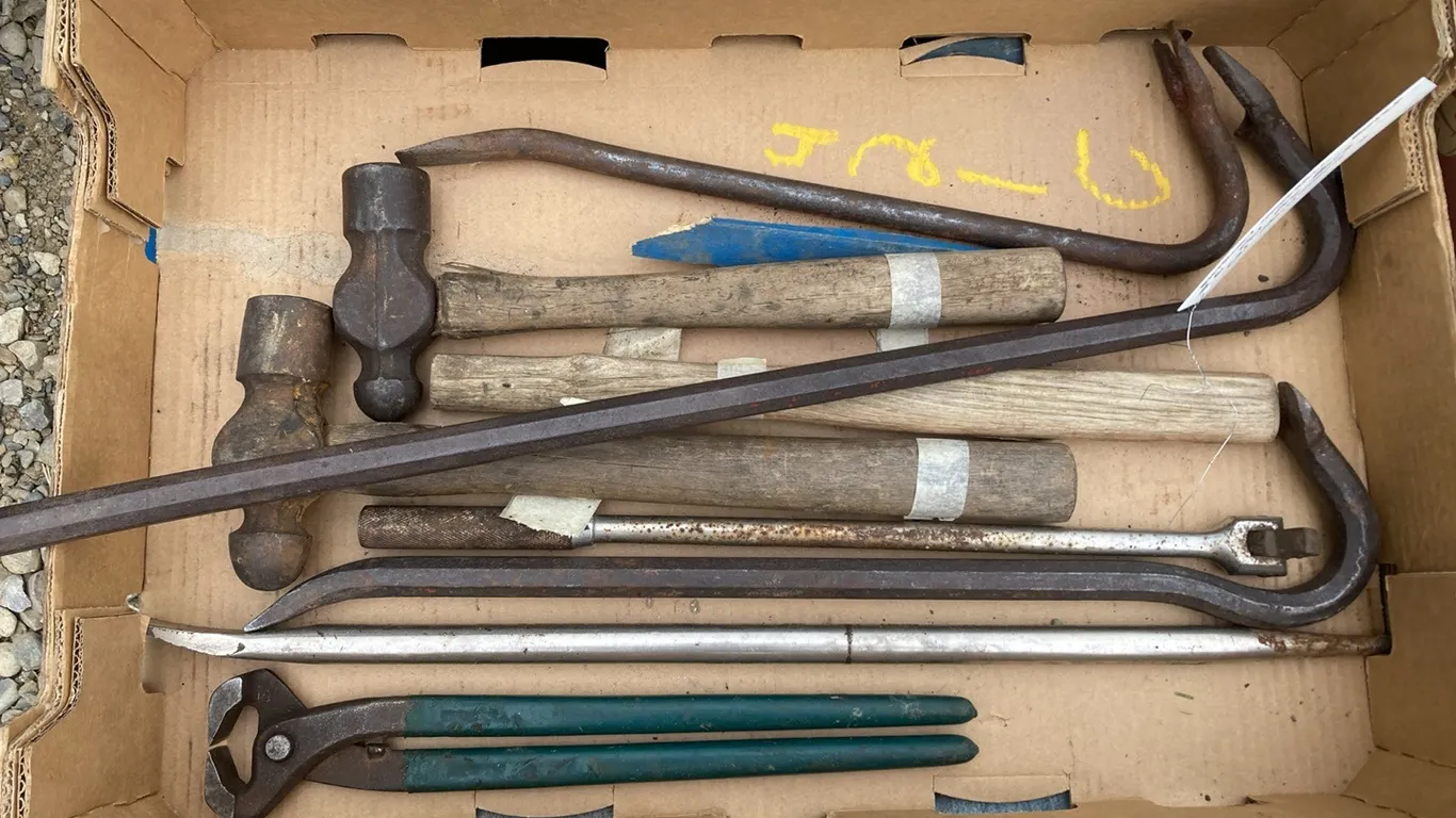 (4) Pry Bars, (2) Hammers, Cutter Pliers and (1) Long Handle Swing Bar