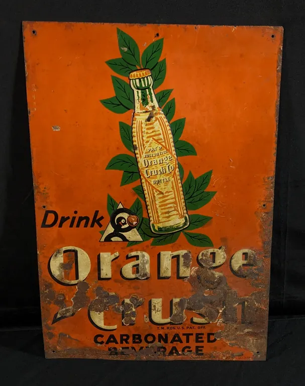 EMBOSSED TIN SIGN DRINK ORANGE CRUSH CARBONATED BEVERAGE