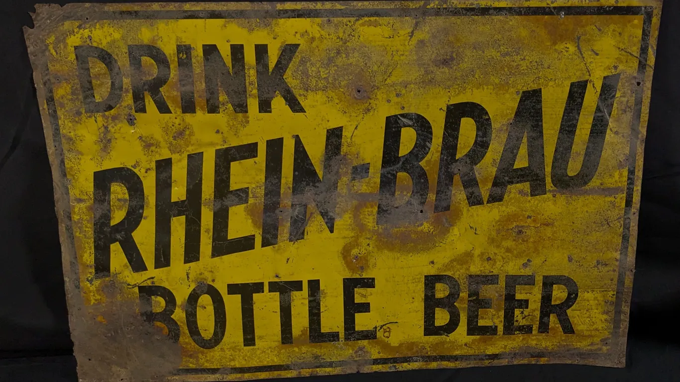 TIN SIGN DRINK RHEIN-BRAU BOTTLE BEER (PONTIAC MICHIGAN)