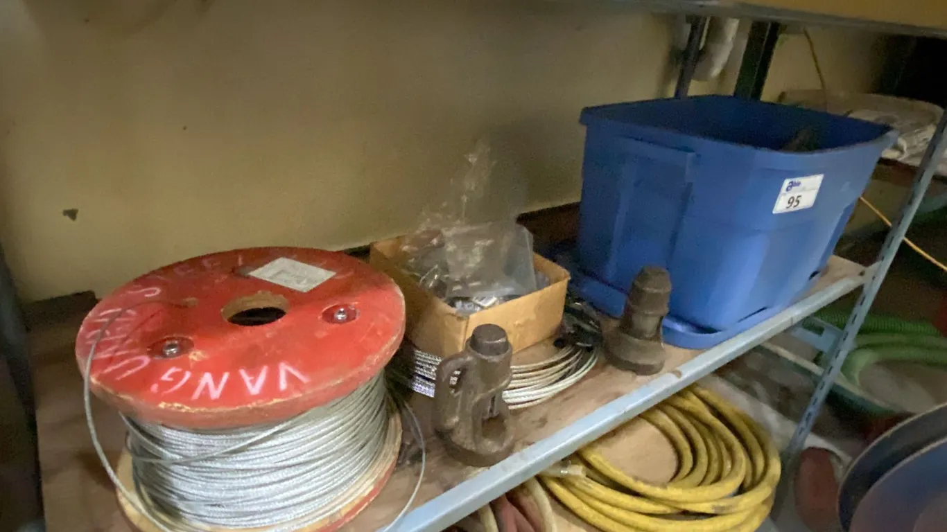 SHELF OF ASSORTED BRAIDED CABLE, FITTINGS & 2 CABLE CUTTERS