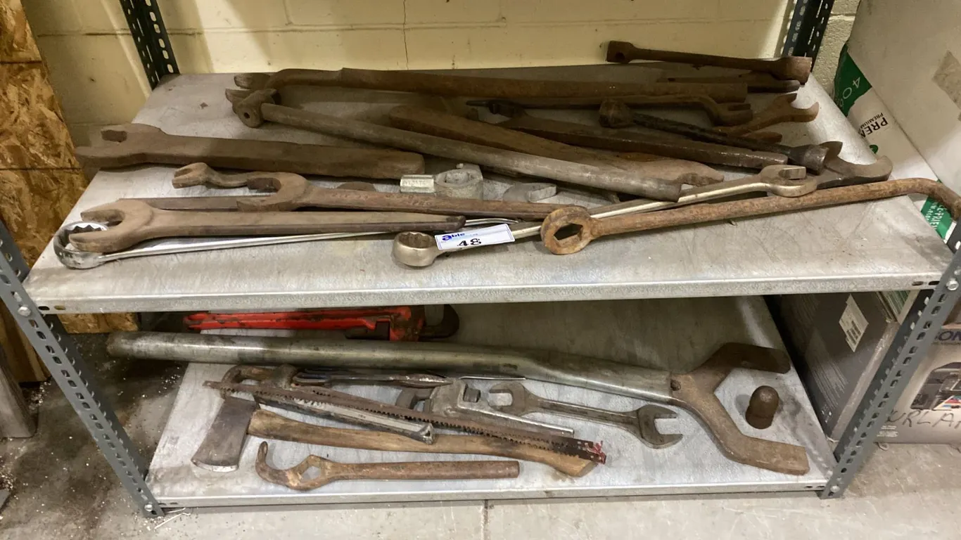 GROUP OF ASSORTED LARGE VINTAGE WRENCHES & OTHER TOOLS