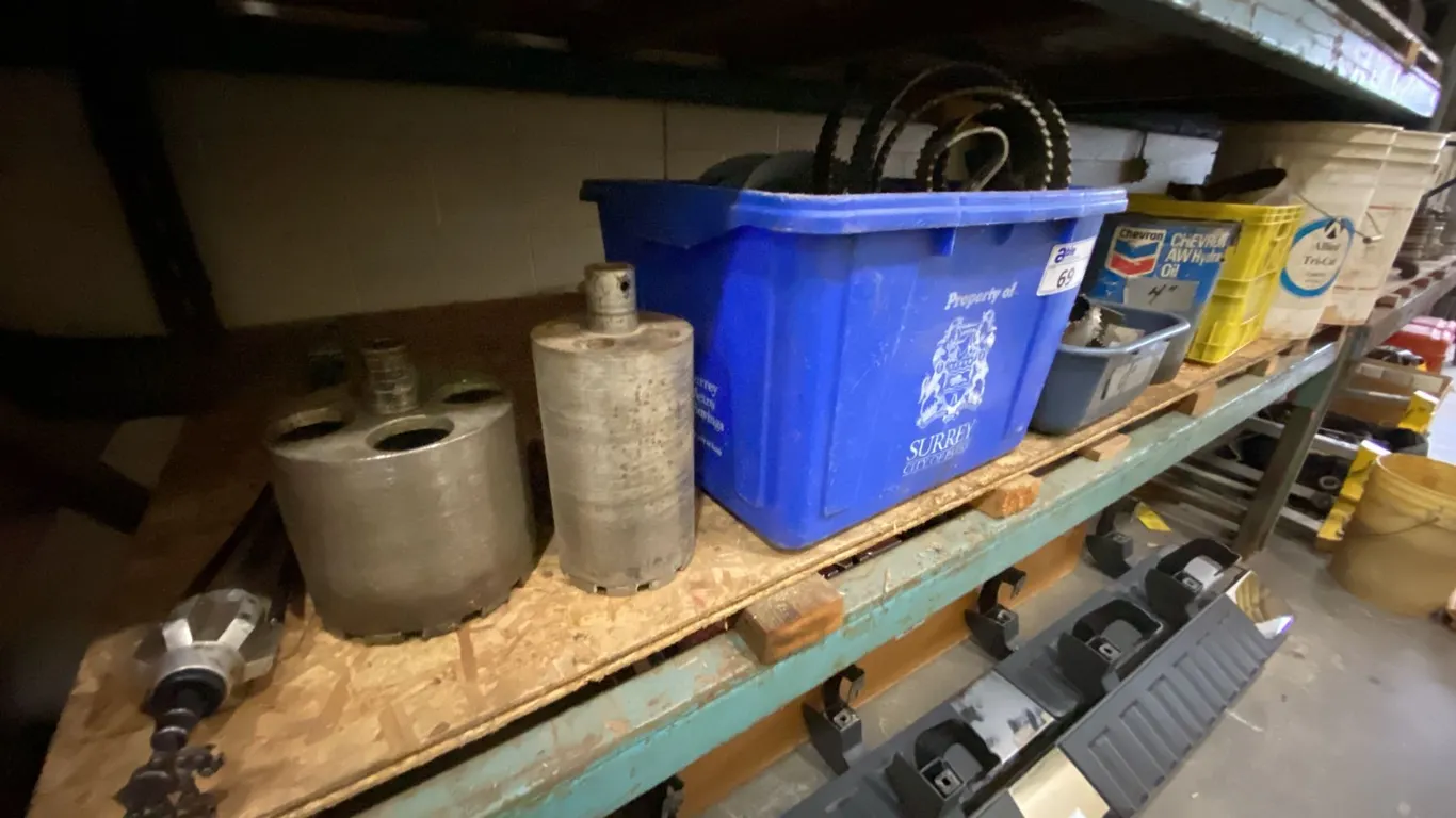 SHELF OF INDUSTRIAL ROOT CUTTER BLADES, FLEXIBLE SHAFT DRAIN CLEANING ATTACHMENT, DIAMOND CORE