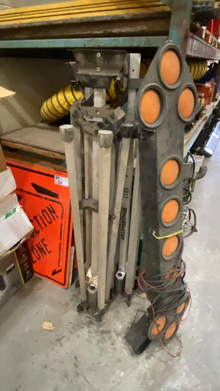 GROUP OF TRAFFIC CONTROL ITEMS- ASSORTED SIGNS, 3 STANDS & LIGHT UP DIRECTIONAL ARROW