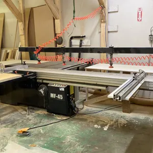 MF-45 INDUSTRIAL GRADE SLIDING TABLE PANEL SAW WITH CUSTOM BUILT WOOD TABLE EXTENSION