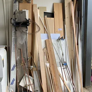 LARGE GROUP OF ASSORTED WOOD, COPPER PIPING, BOARD LUMBER, TRIM PIECES & MORE