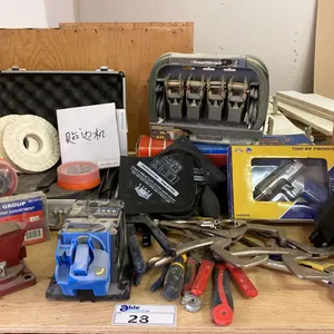 SHELF OF ASSORTED TOOLS, CLAMPS, STRAPS, VICE, INFLATABLE PRY BAR AND LEVELING TOOLS, HIGH SPEED