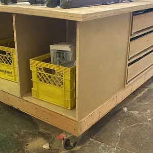 LARGE WOODEN MOBILE SHOP TABLE WITH SMALL MOBILE SHELVING UNIT