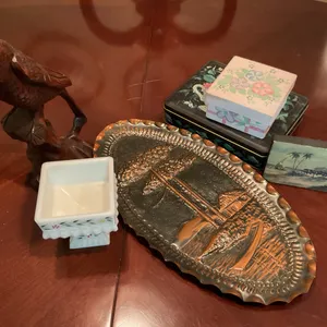 Vintage Decorative Collectibles – Carved Parrot, Metal Tray, Milk Glass & Boxes