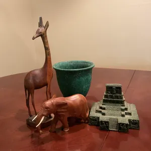 Carved Wood Giraffe & Elephant with Green Planter and Temple Figurine