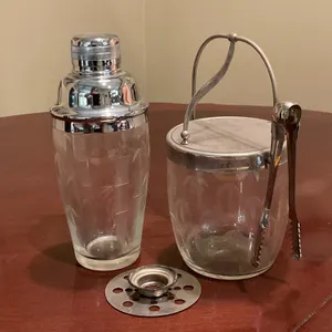 Vintage Etched Glass Cocktail Shaker & Ice Bucket Barware Set
