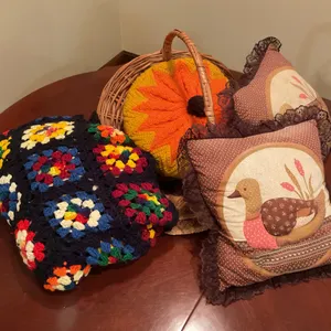 Vintage Handmade Crochet Pillows, Duck Pillows, Wicker Basket & Placemats