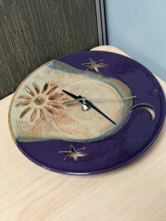 Studio Pottery Wall Clock with Star, Moon, and Sun Cutouts, Hand-Signed TR 2009, Approximately 10 In