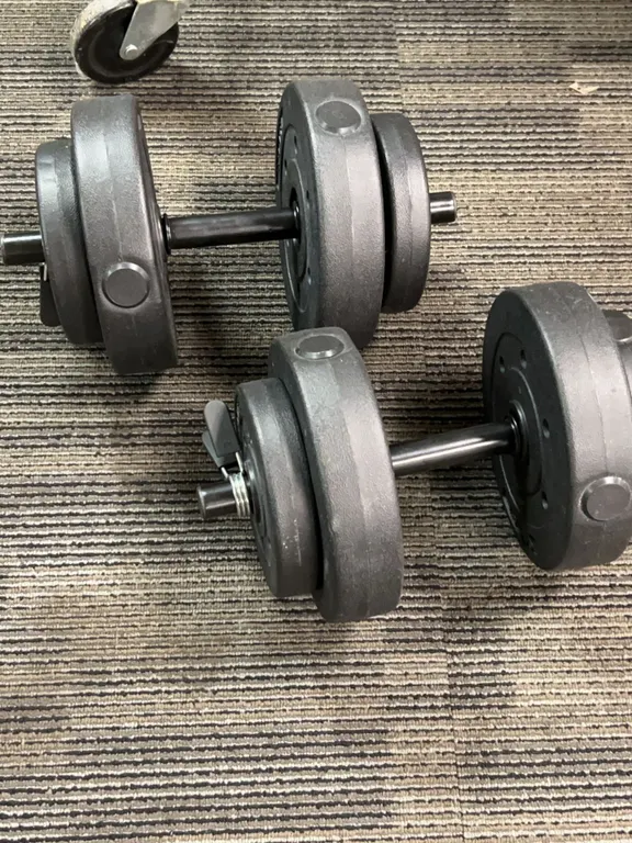 Adjustable Dumbbell Pair with Cast Iron Weight Plates Including 7.5 LB and 2.5 LB Plates and Spin Lo