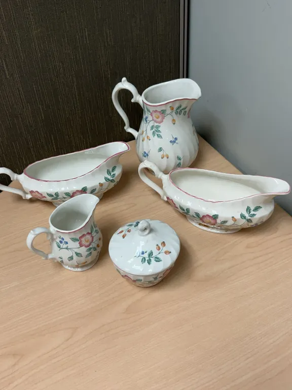 Churchill Staffordshire England Floral Tableware Set with Pitcher, Creamer, Sugar Bowl, and Gravy Bo
