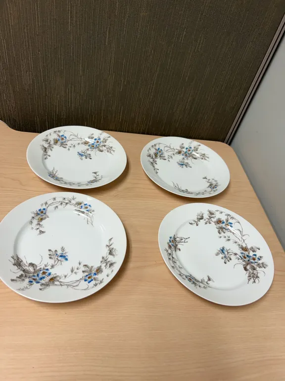 4 CFH GDM Limoges France Porcelain Plates with Blue Floral Design, 7.5 Inch Diameter Each Plate