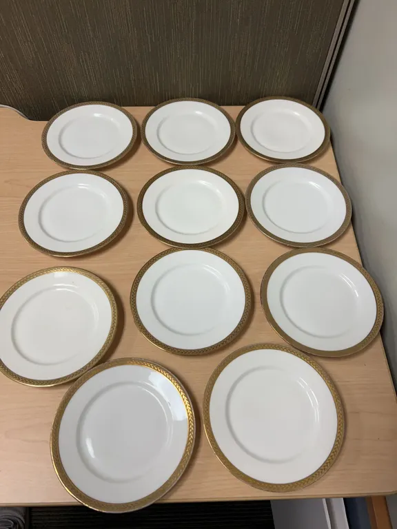 11 Royal Bayreuth Bavaria 6-Inch Porcelain Plates with Gold Leaf and Vine Patterned Rims Circa 1794