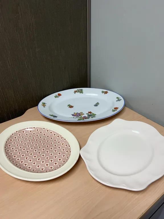Three Serving Platters: Z.S. & Co. Bavaria Floral, Johnson Brothers White, Meakin Tapestry England