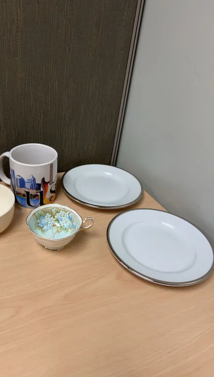 Paragon Fine Bone China Floral Teacup, USA Pottery Bowl, Americaware Austin Mug and Two Silver Band