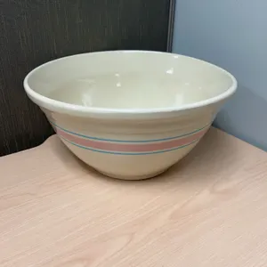 McCoy 14-Inch Oven-Proof Yellow Ware Mixing Bowl with Pink and Blue Stripe, Marked USA