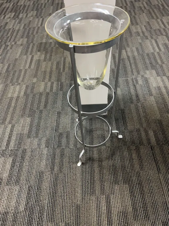 Tall Clear Glass Vase with Gold Rim and Silver Metal Stand Contemporary Decor Piece